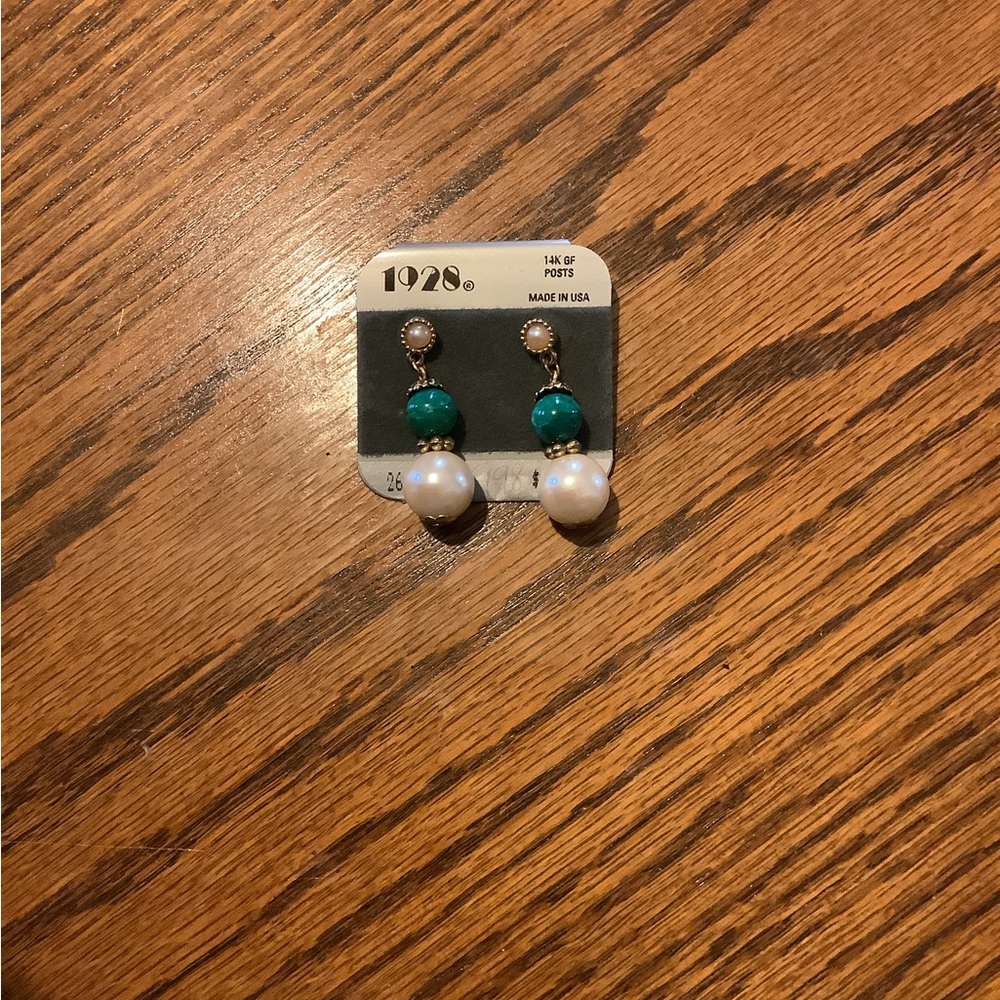1928 Teal and Pearl Drop Earrings
